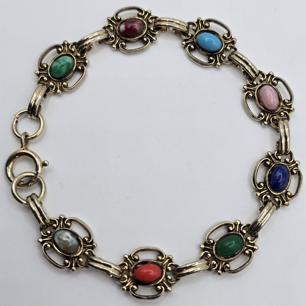 Vintage Gold Tone Link Bracelet Multicolor Cabochons Oval Stones Boho Jewelry